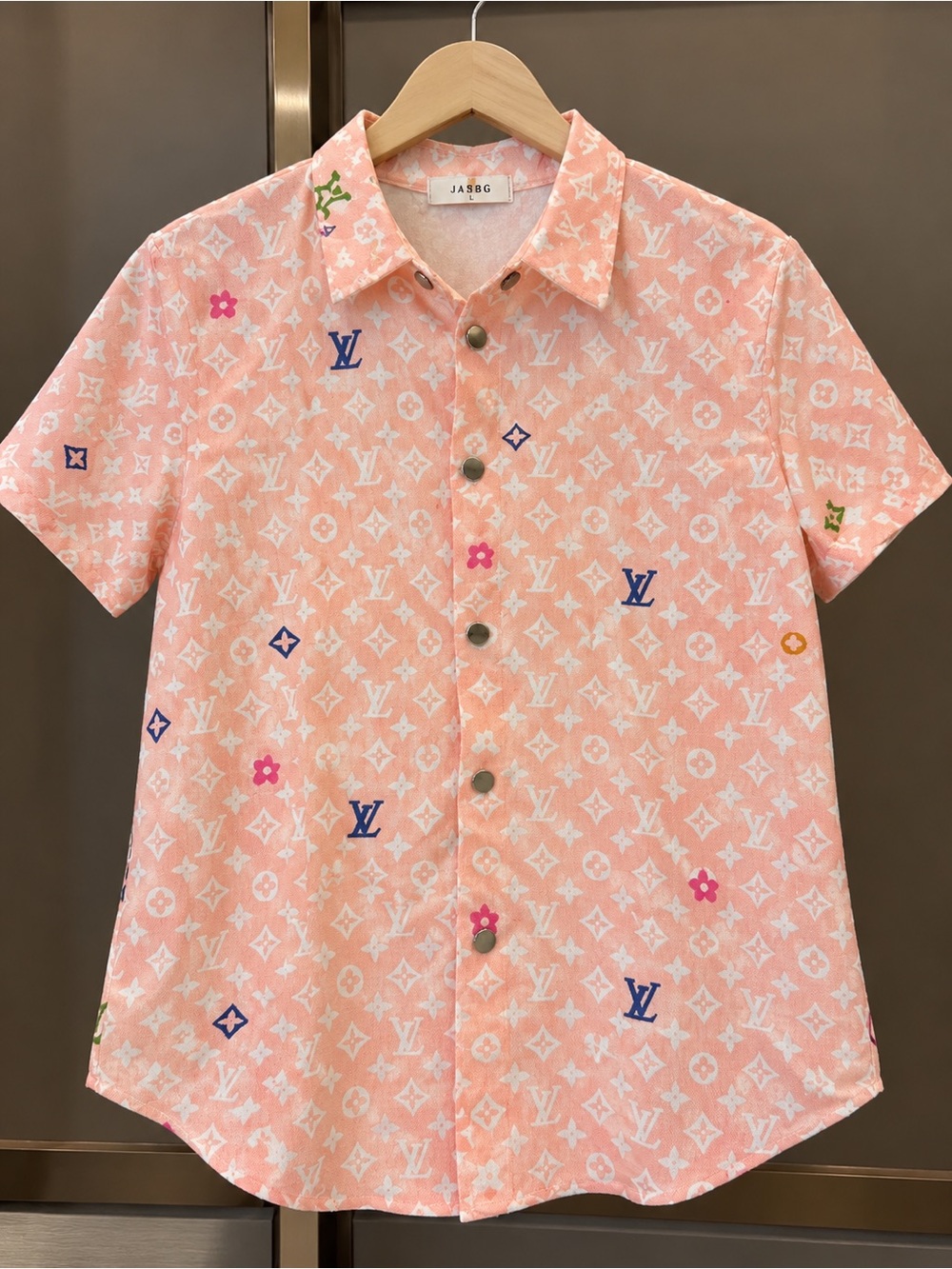 Louis Vuitton Peach Pink Monogram Short-Sleeve Button-Down Shirt